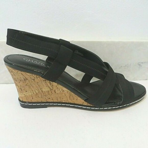 ( SALE) CHARLES DAVID BLACK WEDGE SANDAL - Picture 2 of 5